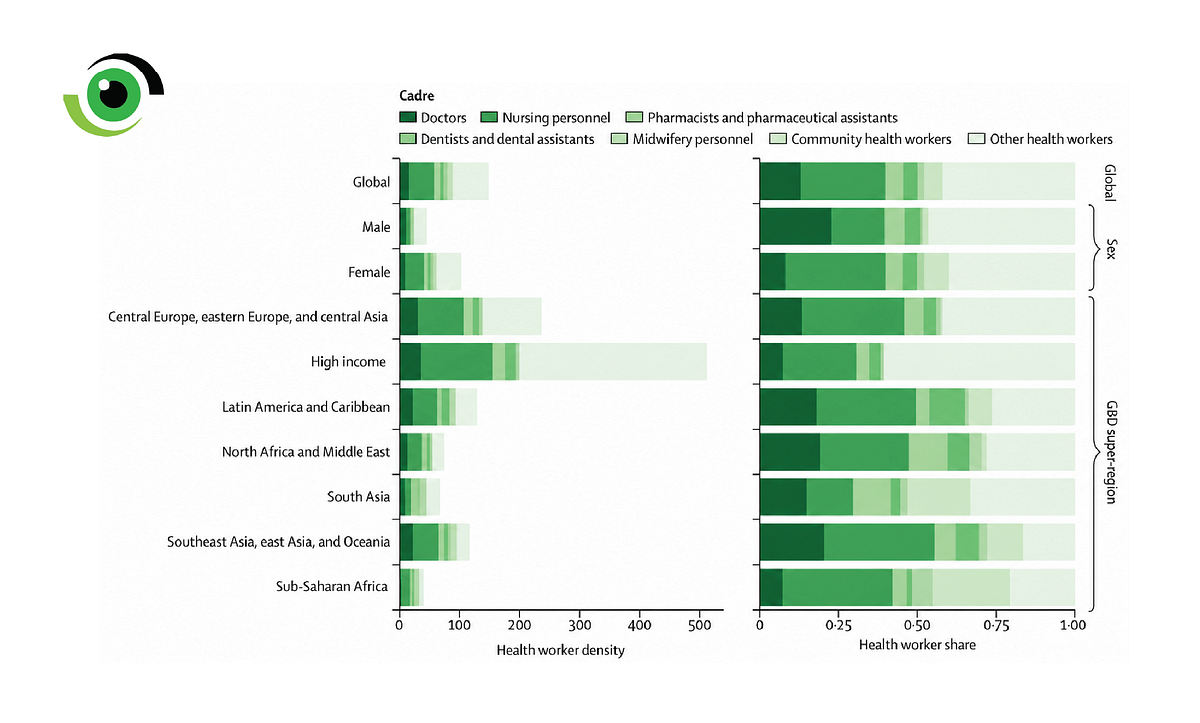 Sub-Saharan Africa had the lowest health workforce densities across most cadres, CHWs being the notable exception. In contrast, high-income countries recorded the highest health workforce densities across cadres.