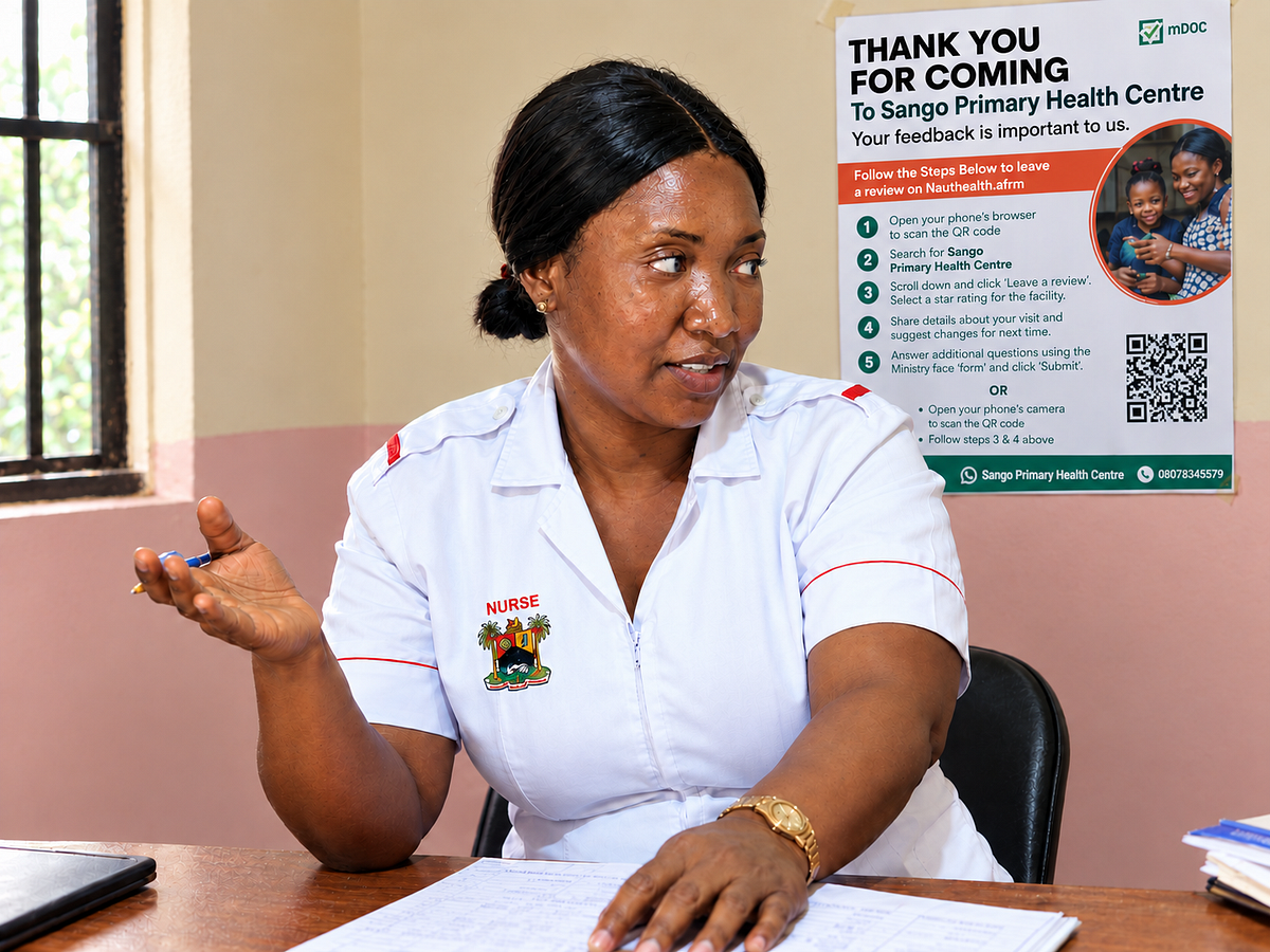 Ochenehi Dorathy, OIC of Sango PHC, Lagos State, speaking on how feedback collected through NaviHealth has helped the facility strengthen its maternity care services. 