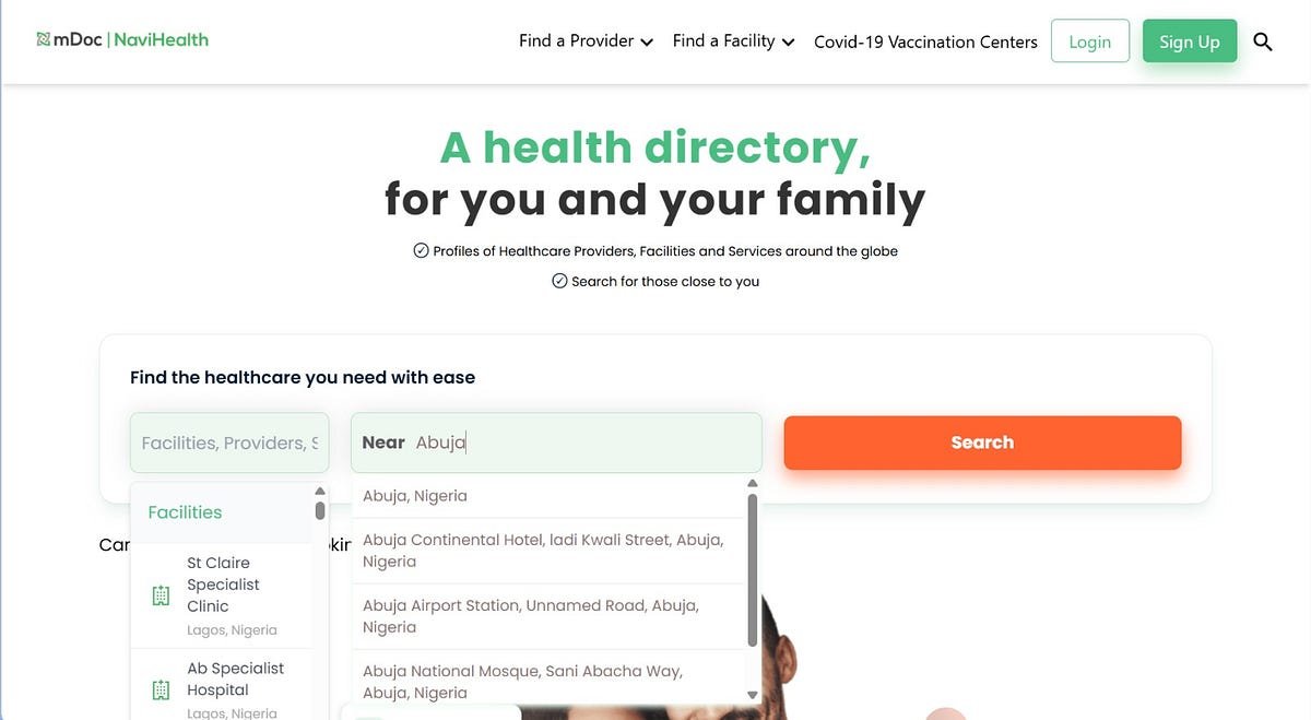A screenshot of the mDoc NaviHealth platform, showing users how to search for healthcare providers and facilities near them. 